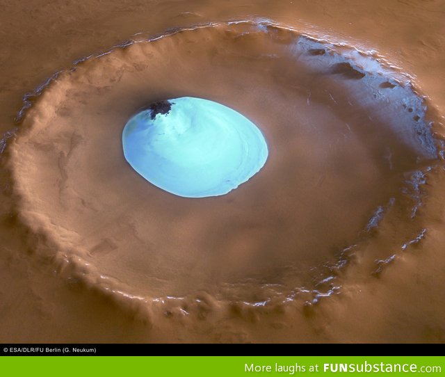 Frozen water in a crater at the north pole on Mars
