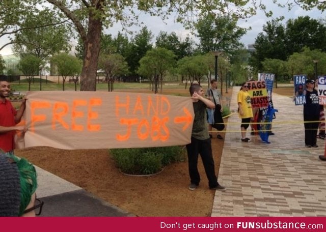 Westboro church protesting in oklahoma city.  We can make signs also :)