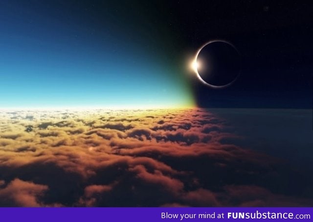 A solar eclipse from above the clouds