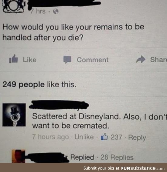 How would you like your remains to be handled after you die?