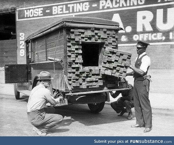 Alcohol smuggling lumber truck, 1926