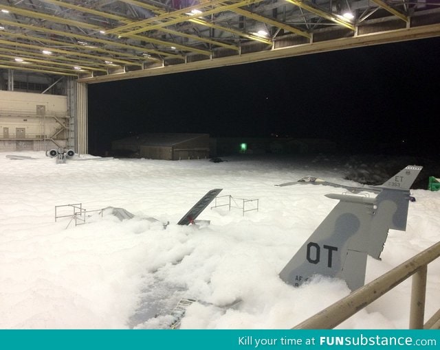 The fire suppression accidentally went off and submerged these planes in foam
