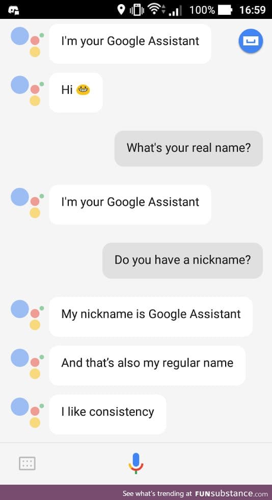 "Hi. I'm your Google Assistant and I like consistency."