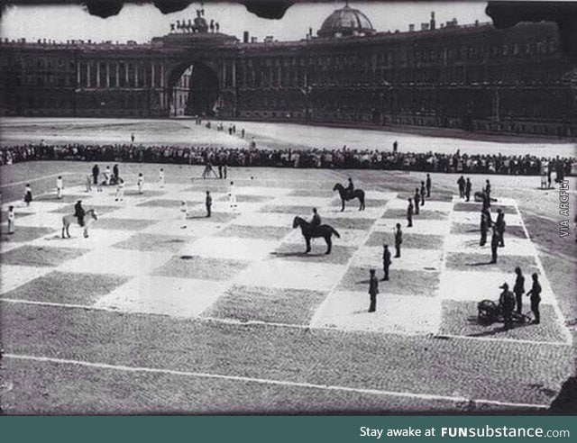 Human-size chess game with actual soldier in St. Petersburg, Russia (1924)