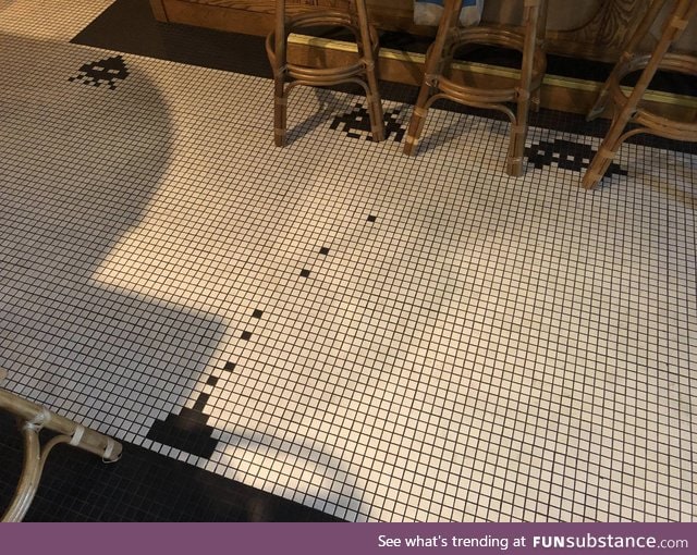 Space Invaders mosaic floor in a Madison, WI coffee shop