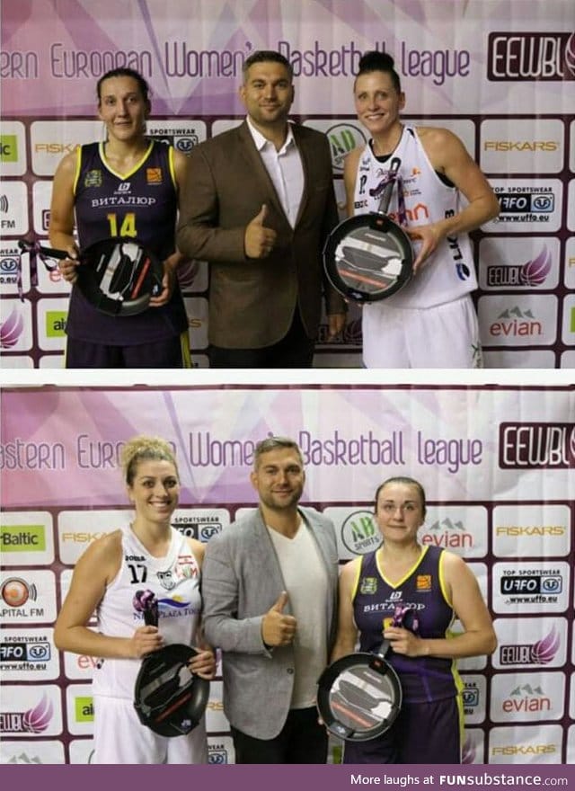Women basketball champions get a pan as an award in Belarus