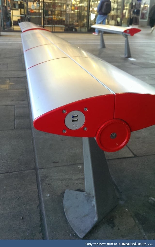 Public bench in Swiss train station has USB ports