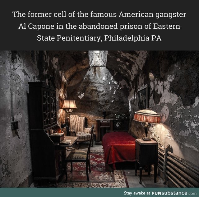 The former cell of the famous American gangster Al Capone in the abandoned prison