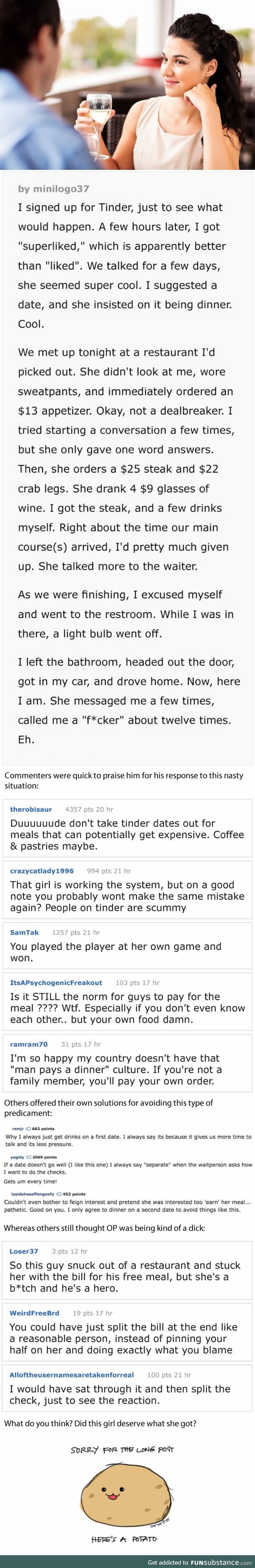 Girl tries to scam tinder date for a free fancy dinner but he turns the tables on her