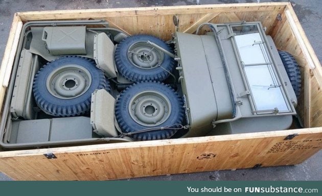 Jeep packed in a crate for shipping to the front lines of WWII. 1944