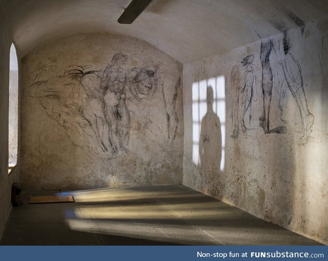 Sketches in a secret room under a chapel, done by Michelangelo while hiding from the Pope