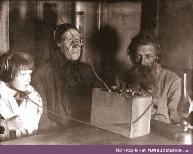 A family listens to an evening broadcast, Soviet Union 1928
