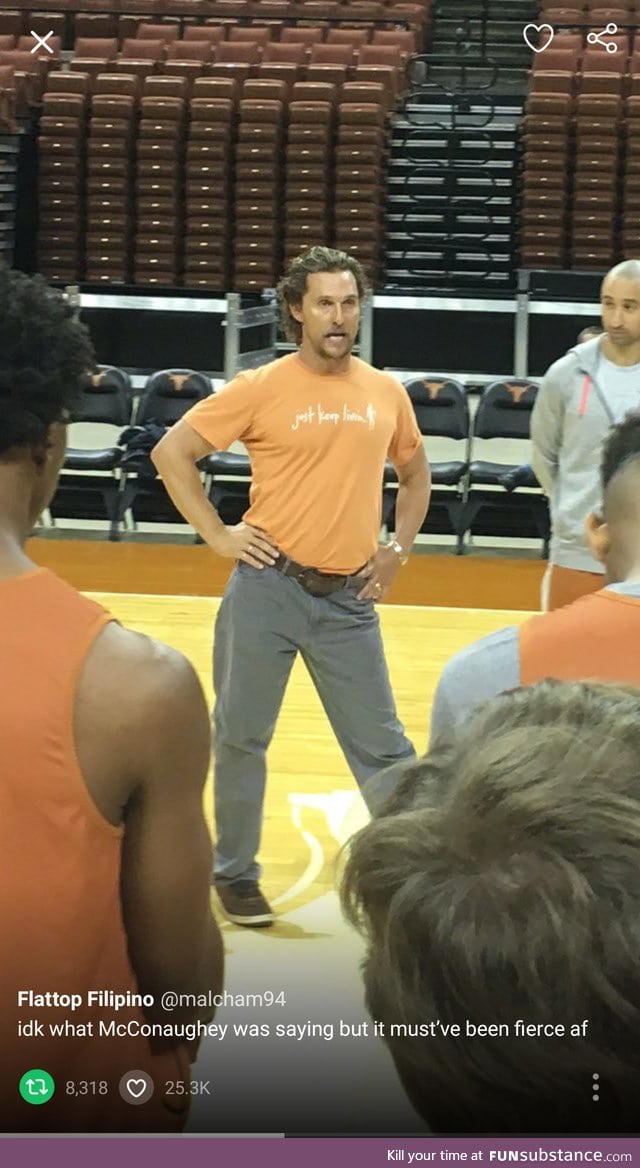 Matthew McConaughey's power stance with University of Texas basketball team