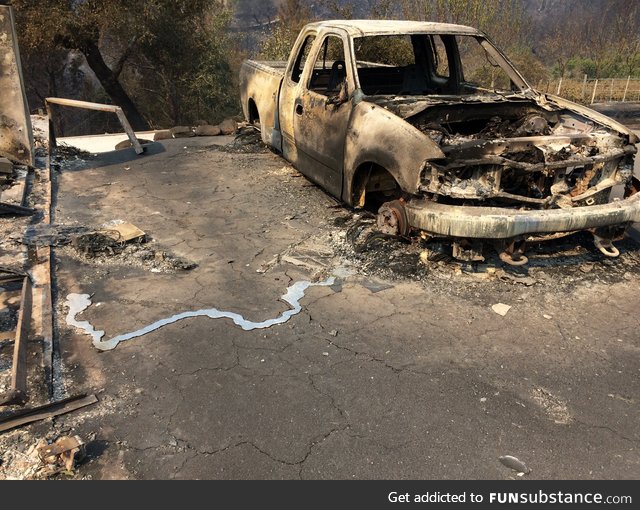 A pool of aluminum coming from a melted pickup truck after melting in Northern California