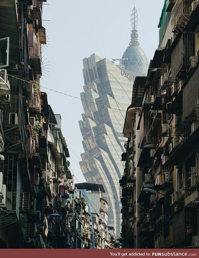 Grand Lisboa Hotel viewed from the alleys of Macao