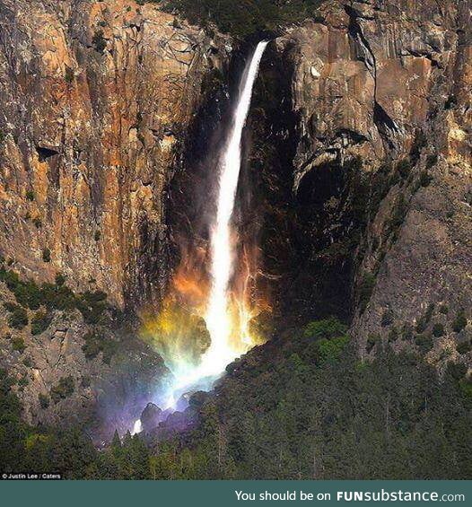 A waterfall in Yosemite that turns rainbow when the sun strikes it from a certain angles