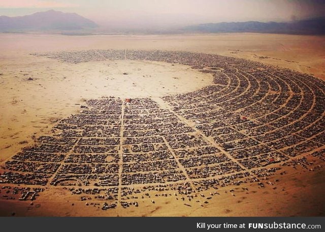 Aerial view of 45 thousand people at the Burning Man festival in the Nevada Desert