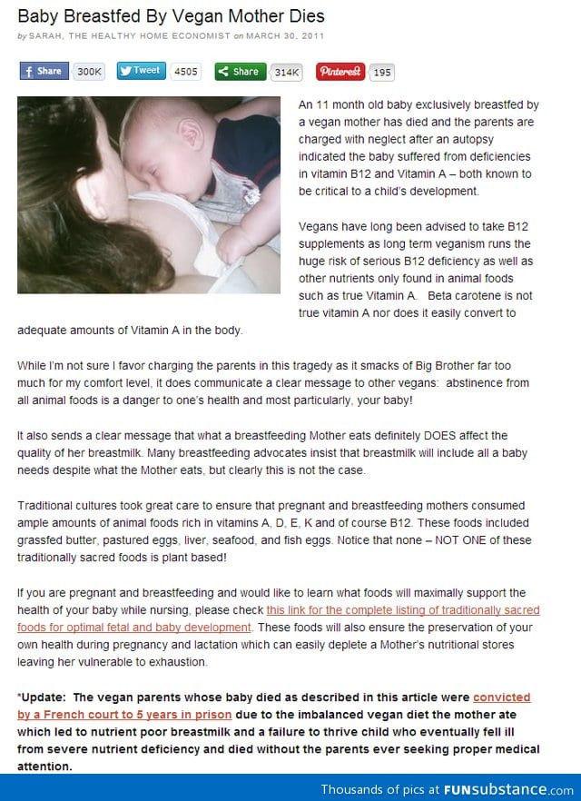 Baby breastfed by vegan mother dies