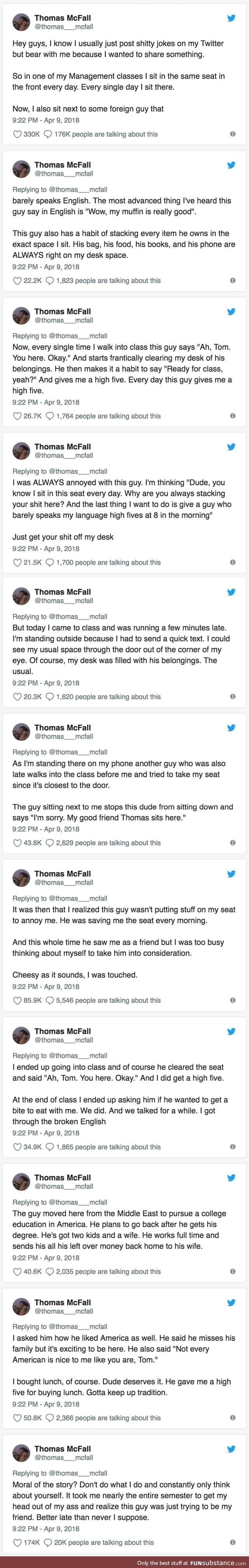 He called out his own ignorance for misjudging a foreign classmate