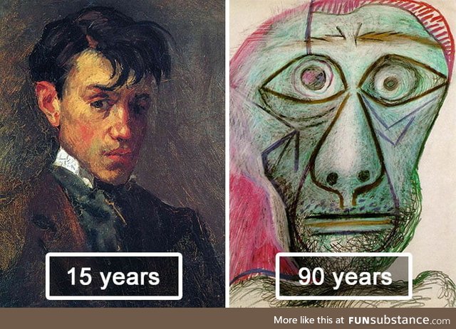 Picasso drew his own portrait in 15 years old and 90. See the difference