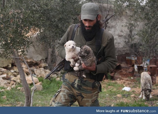 Ahmed al-Hussein, Free Syrian Army Soldier takes care of packs of dogs.