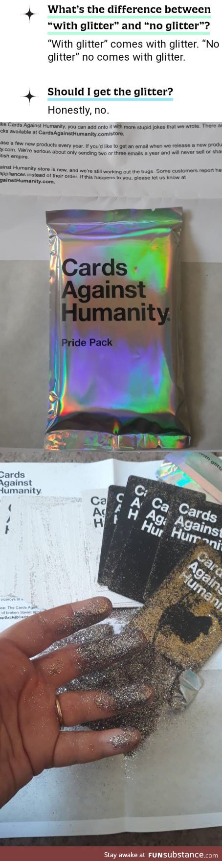 Don't say they didn't warn you. (Or: Glitter Against Humanity Card Pack)