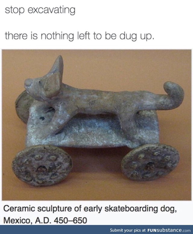 Ancient sculpture of a skateboarding dog