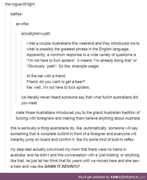 I'm not here to f*ck Spiders (or: How Australians love to mess with foreigners)