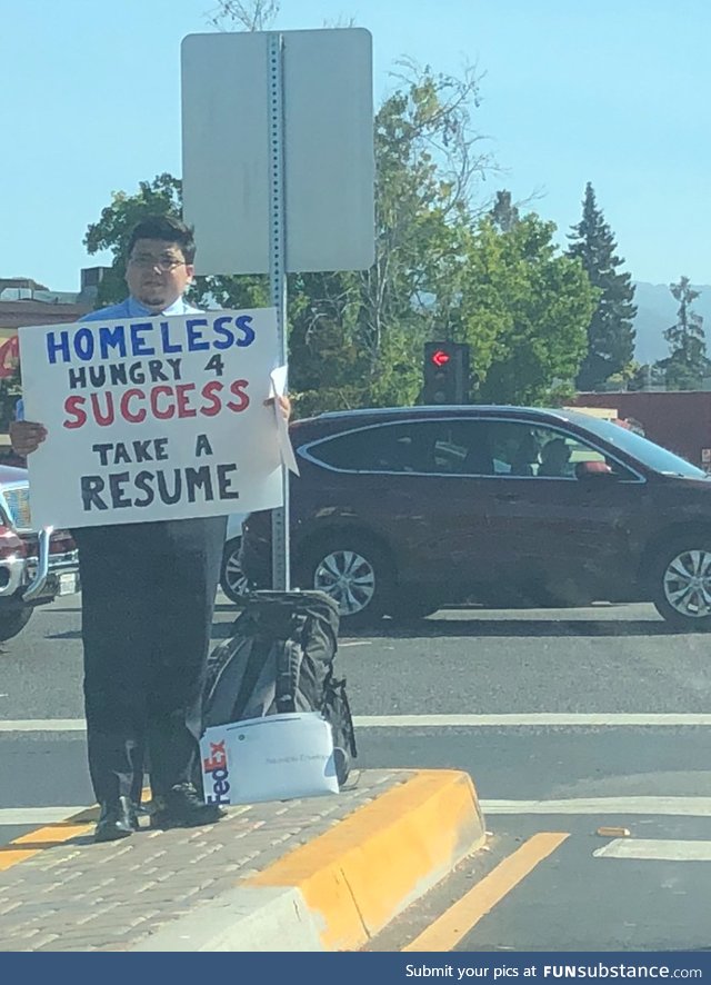 A homeless man in Silicon Valley was handing out copies of his resume