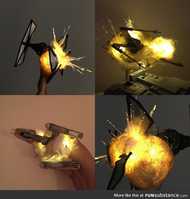 "exploding" model ships (cotton balls + leds)