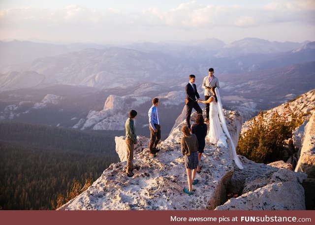 Climbers getting married after climbing to the top of Yosemite's Cathedral Peak