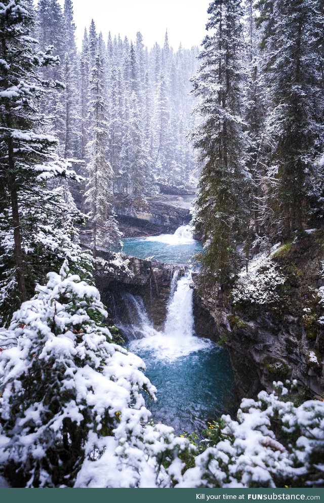A snowy waterfall in Alberta, Canada