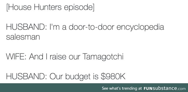 These are gems... "house hunters budget memes" on google