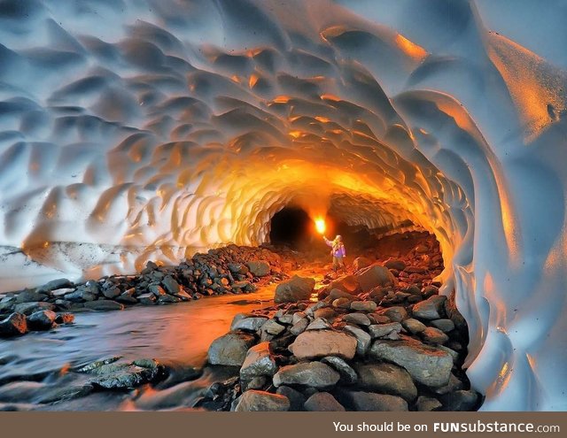 An ice cave formed by a volcano