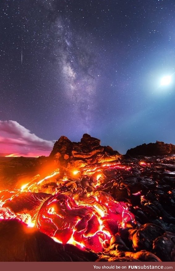 Lava of The Kelawia volcano, the moon, a falling meteorite and the Milky Way