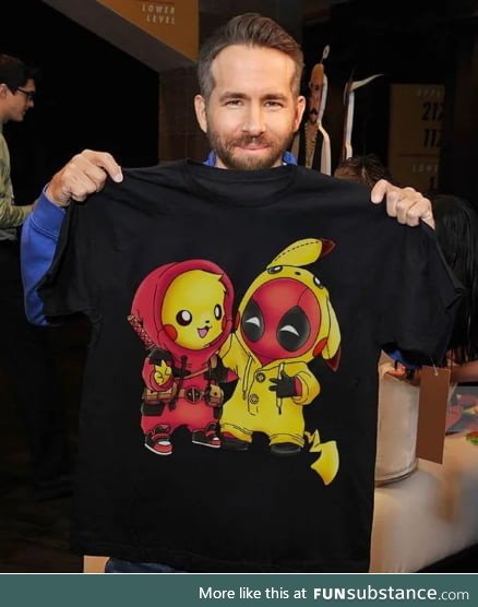 Ryan Reynolds showing off his Pikachu-Deadpool shirt