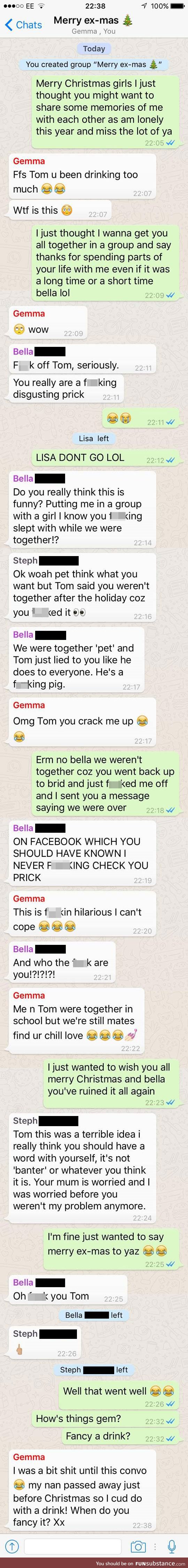 Guy group texts all his ex-girlfriends on Christmas