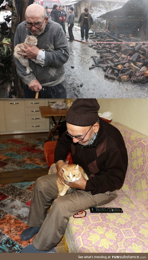 Remember the old man who lost everything in fire but saved his kitten? People bought a