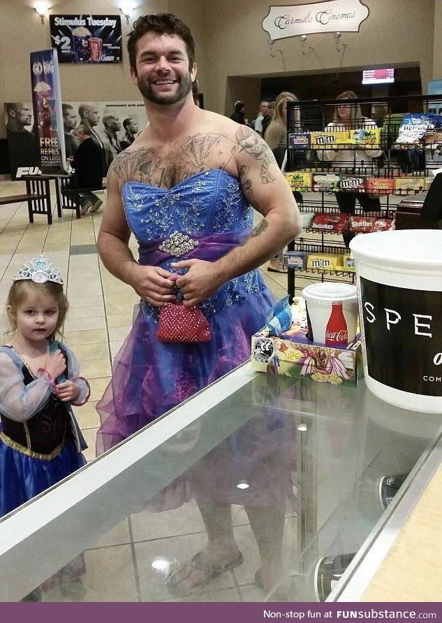 Uncle wears a princess gown to go see Cinderella because his niece was too scared to