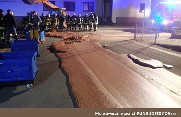 Frozen river of chocolate from a factory leak in West&ouml;Nnen, Germany