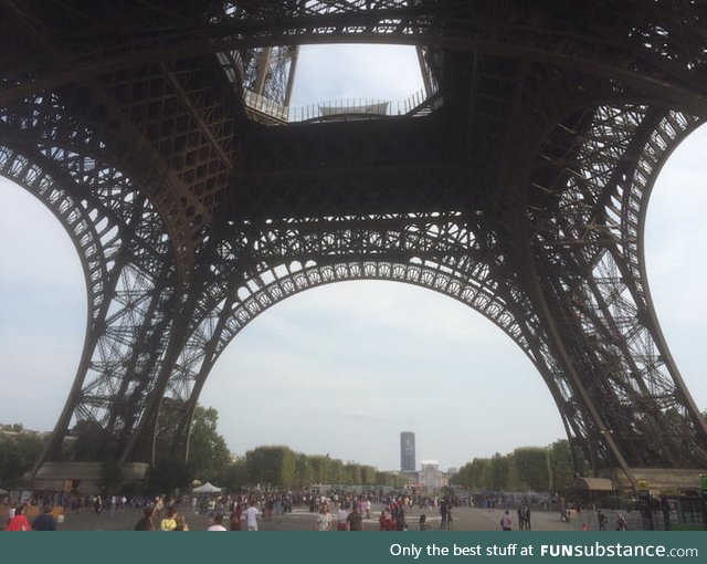 The Eiffel Tower from underneath, because most people underestimate its size