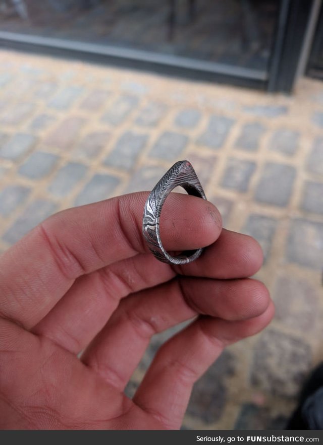 First time making a Damascus steel ring. What does  think?