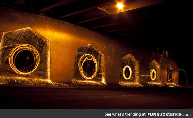 Wirewool light painting in the underpass