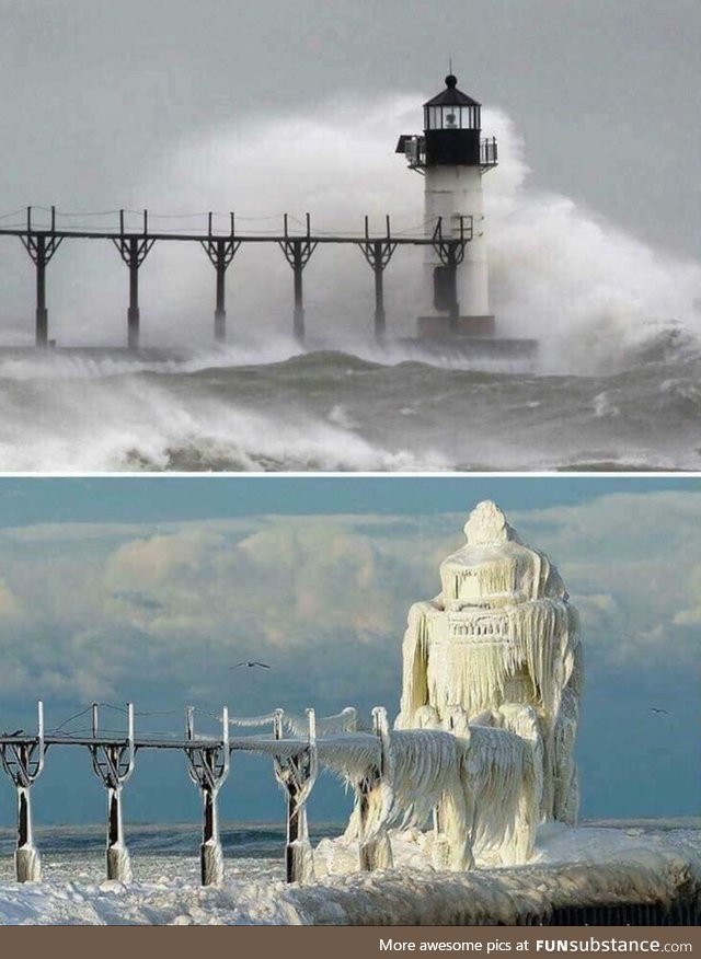 Michigan lighthouse before and after a snow storm