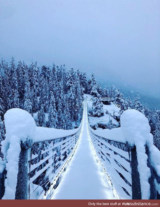 Snowy bridge leading to a gondola in Vancouver, Canada