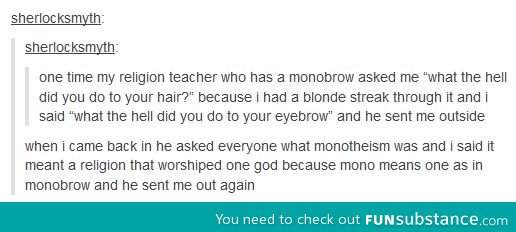 Teacher with a monobrow