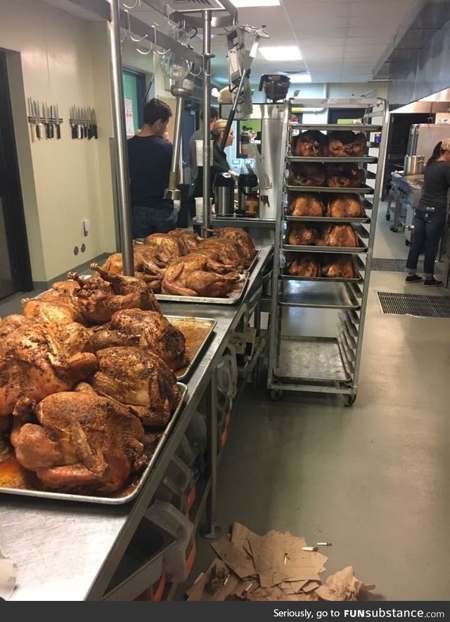 Volunteers cooked 46 turkey and trimmings yesterday to be served to ~800 less fortunate