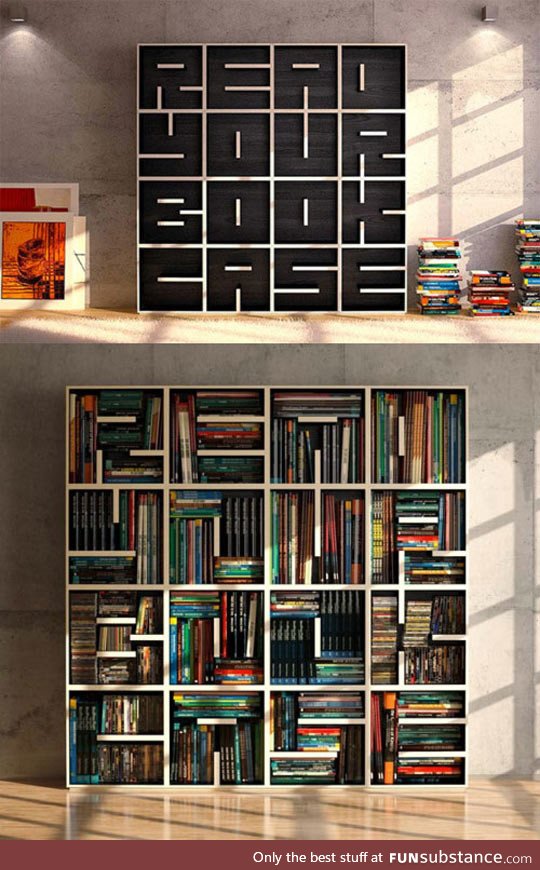 Clever bookcase design, "read your bookcase";