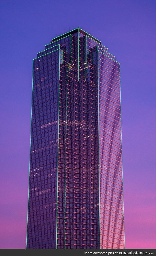 The sun setting on Bank of America Plaza tonight