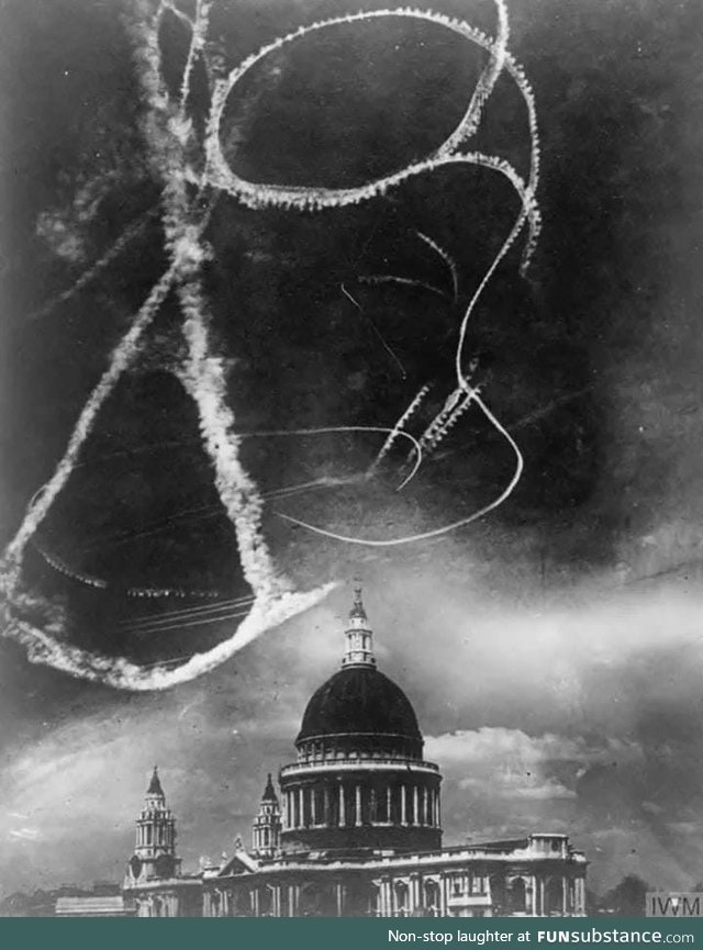 Dogfighting over the Saint Paul’s cathedral during the London Blitz circa 1940